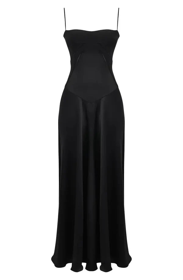 Noble black backless lace up satin thin shoulder strap and floor length evening dress Solid Color