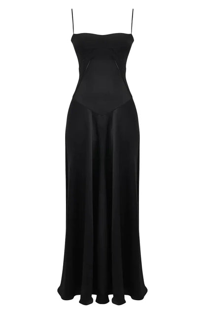Noble black backless lace up satin thin shoulder strap and floor length evening dress Solid Color