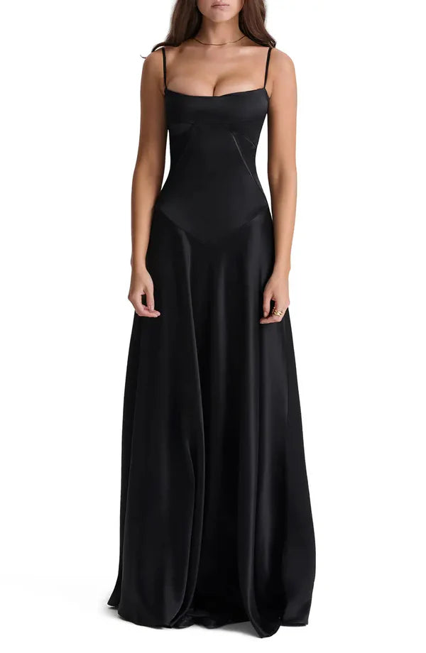Noble black backless lace up satin thin shoulder strap and floor length evening dress Solid Color
