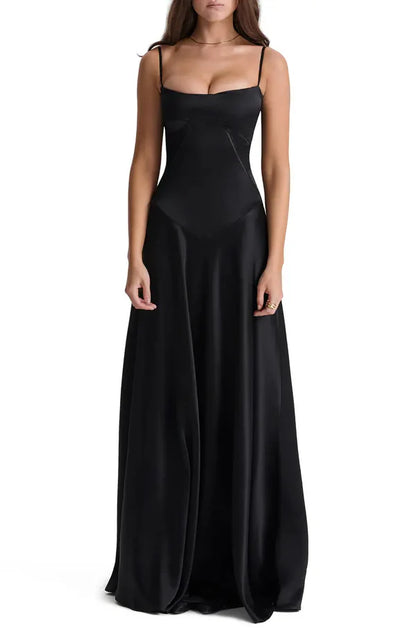 Noble black backless lace up satin thin shoulder strap and floor length evening dress Solid Color