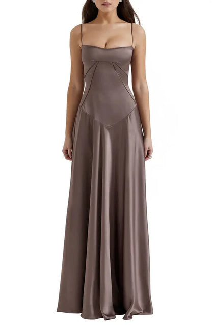 Noble black backless lace up satin thin shoulder strap and floor length evening dress Solid Color