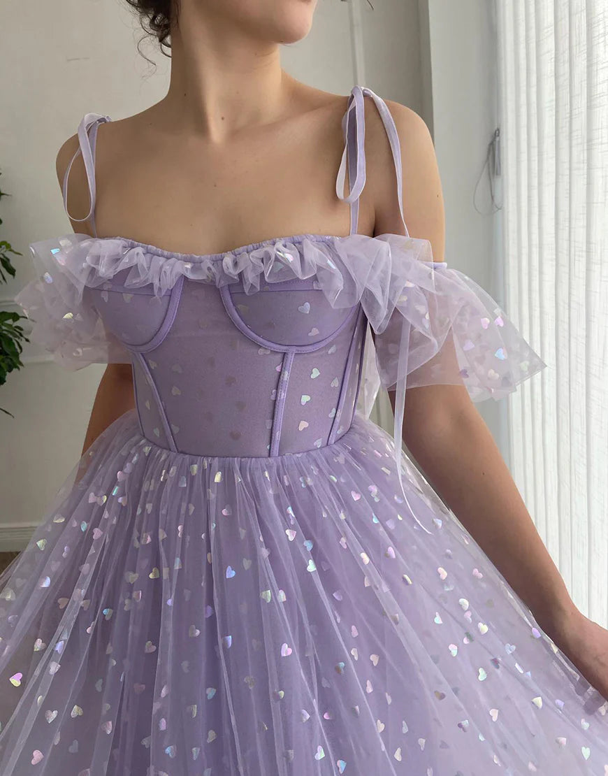 Spaghetti Straps  Print Lilac Tulle Prom Dress