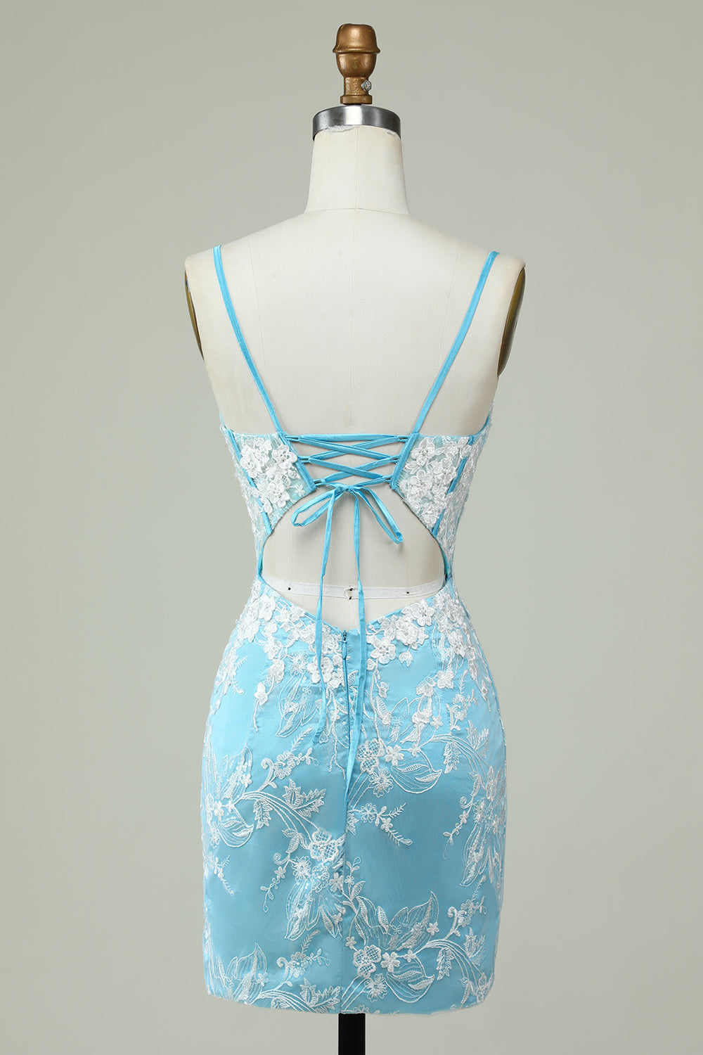 Light Blue Sheath Spaghetti Straps Short Homecoming Dress with Appliques Flowers
