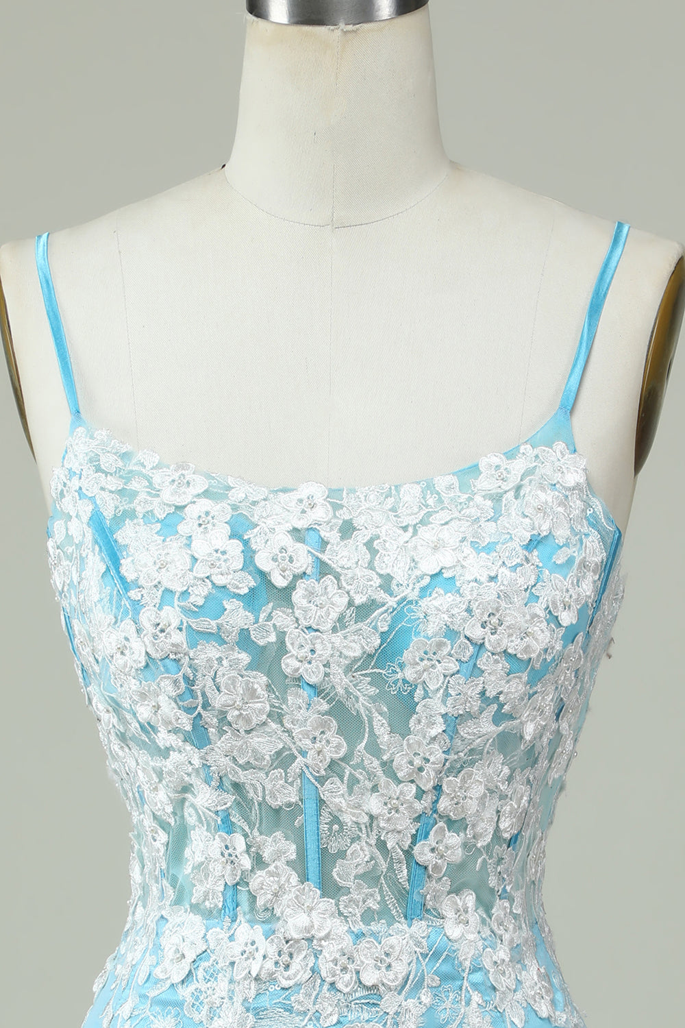 Light Blue Sheath Spaghetti Straps Short Homecoming Dress with Appliques Flowers