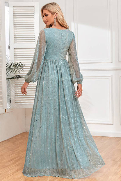 Glitter Light Green Tulle Long Prom Dress V-neck Floor Length Sparkly Evening Dress