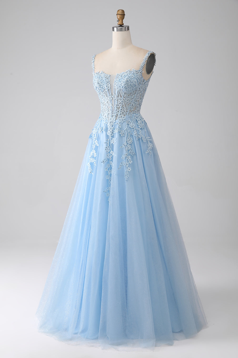 A-Line Light Blue Corset Prom Dress with Appliques Floor Length Beautiful