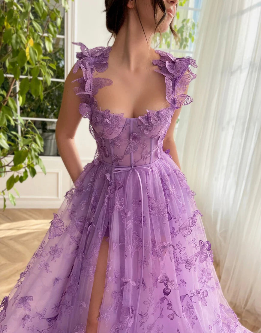 A Line Butterflies  Green Long Prom Dress With Slit