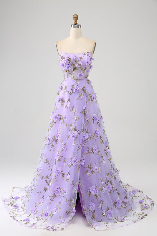 Lilac A-Line Spaghetti Straps Long Prom Dress with 3D Flowers Beautiful