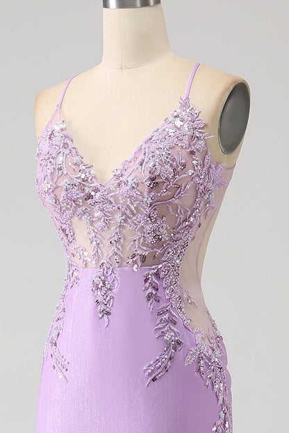 Trendy Mermaid Spaghetti Straps Lilac Long Prom Dress with Appliques Beading Beautiful