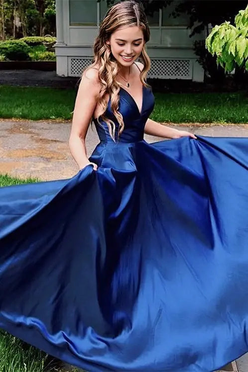 Lovely A Line V Neck Spaghetti Straps Sleeveless Satin Formal Long Prom Dress Elegant Evening Party Dress