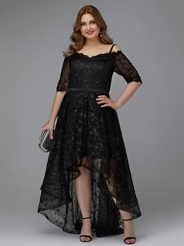 A-Line Plus Size Cocktail Party Prom Dress Spaghetti Strap Half Sleeve Asymmetrical Lace with Pleats Lace Insert