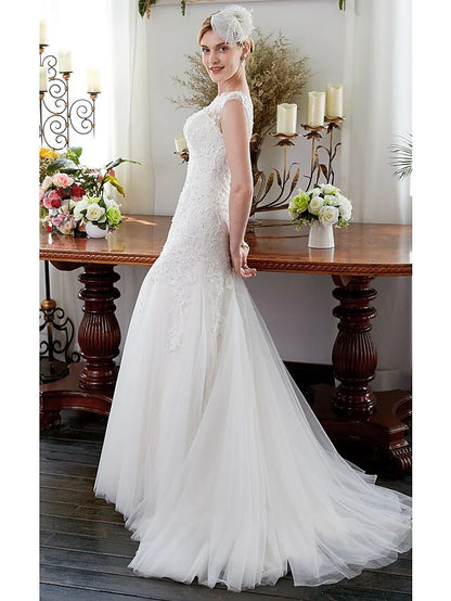 Wedding Dresses Illusion Neck Court Train Tulle Sleeveless Sparkle & Shine with Beading Appliques