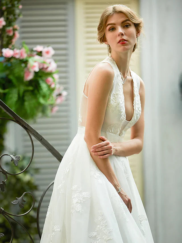 A-Line Wedding Dresses Plunging Neck Lace Over Tulle Sleeveless See-Through Beautiful Back Illusion Detail with Sash Ribbon Appliques