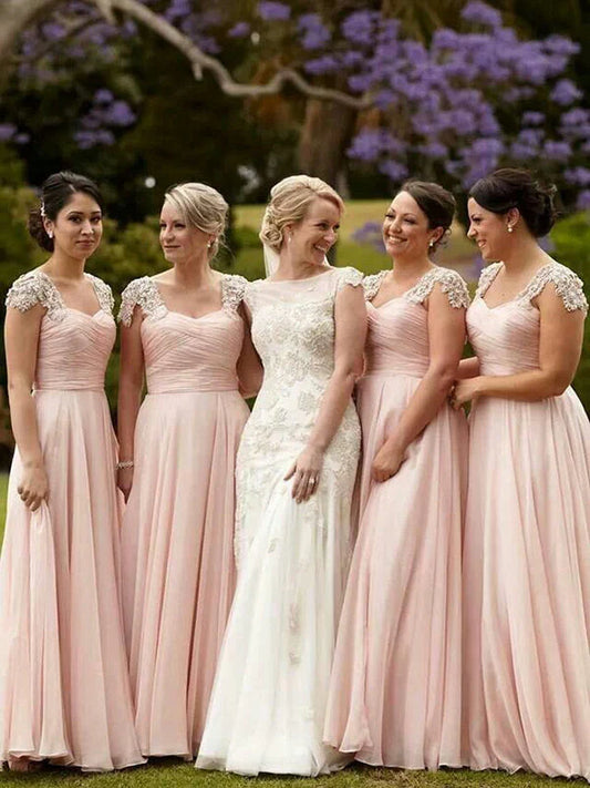 A-Line/Princess Square Short Sleeves With Beading Chiffon Bridesmaid Dresses