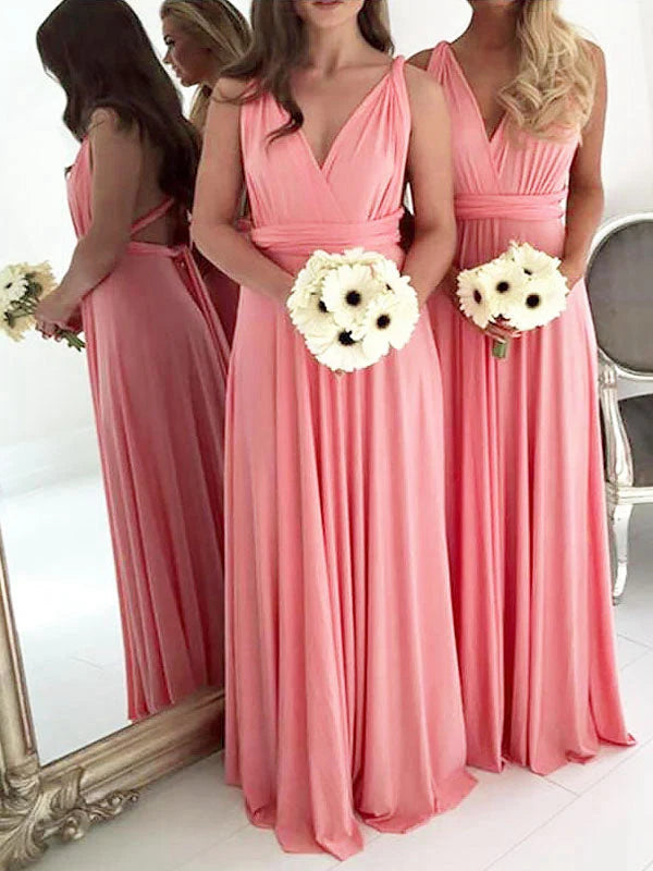 A-Line V-Neck Long Sleeveless Spandex Bridesmaid Dresses