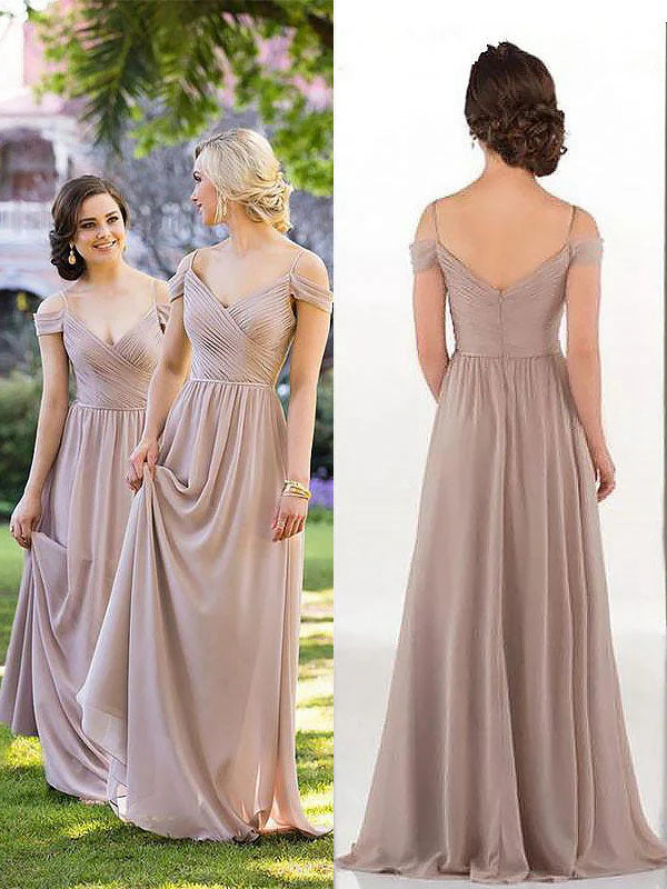 Princess Spaghetti Straps V-Neck Sleeveless Long Chiffon Bridesmaid Dresses