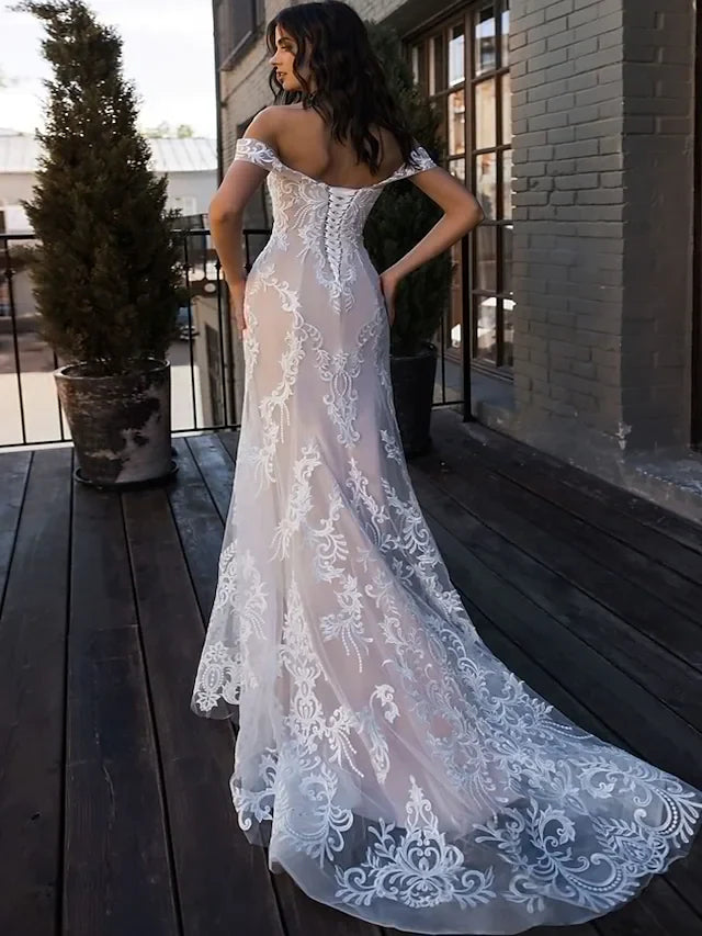 Wedding Dresses Sweetheart Neckline Court Train Lace Regular Straps Boho Illusion Detail with Lace Off Shoulder