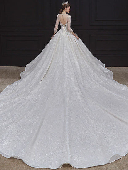 Princess Ball Gown Wedding Dresses Jewel Neck Chapel Train Lace Tulle Sequined Long Sleeve Formal Romantic Luxurious Sparkle & Shine with Beading Sequin