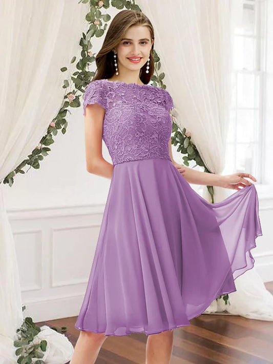 A-Line Jewel Neck Knee Length Chiffon Lace Bridesmaid Dress with Pleats