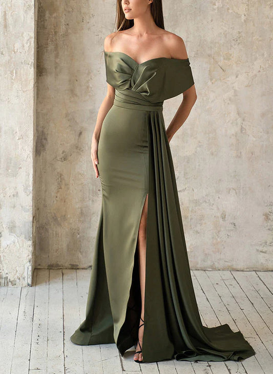 Trumpet/Mermaid Wedding Guest Dresses Off-The-Shoulder Satin Mother Of The Bride Dresses With Split Side