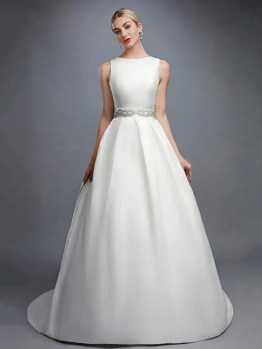 Ball Gown Wedding Dresses Bateau Neck Court Train Lace Satin Regular Straps Formal Backless with Lace Sash Ribbon Beading