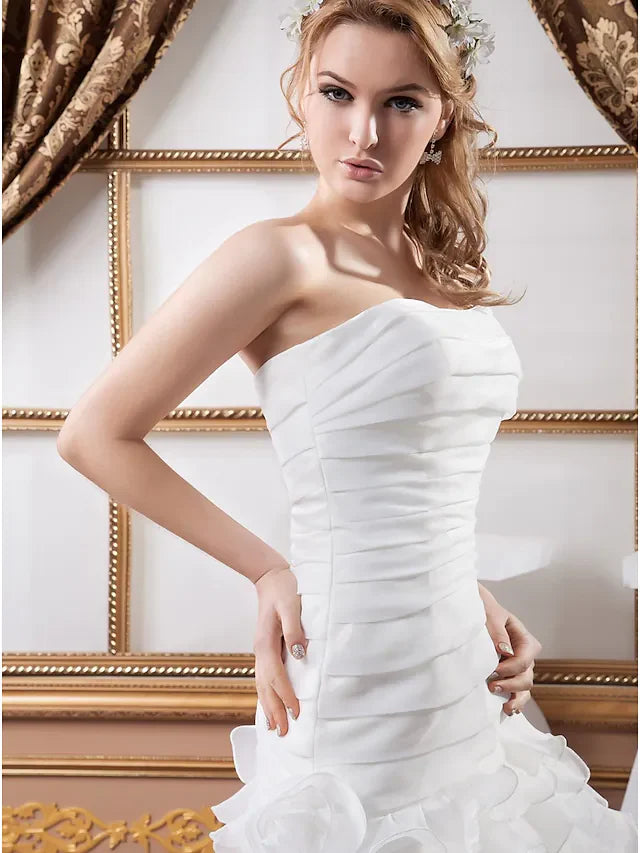 A-Line Wedding Dresses Strapless Floor Length Organza Satin Strapless with Ruched Cascading Ruffles
