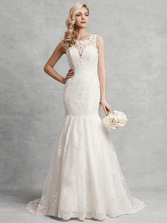 Wedding Dresses Scoop Neck Court Train Lace Satin Tulle Regular Straps Beautiful Back with Lace Appliques