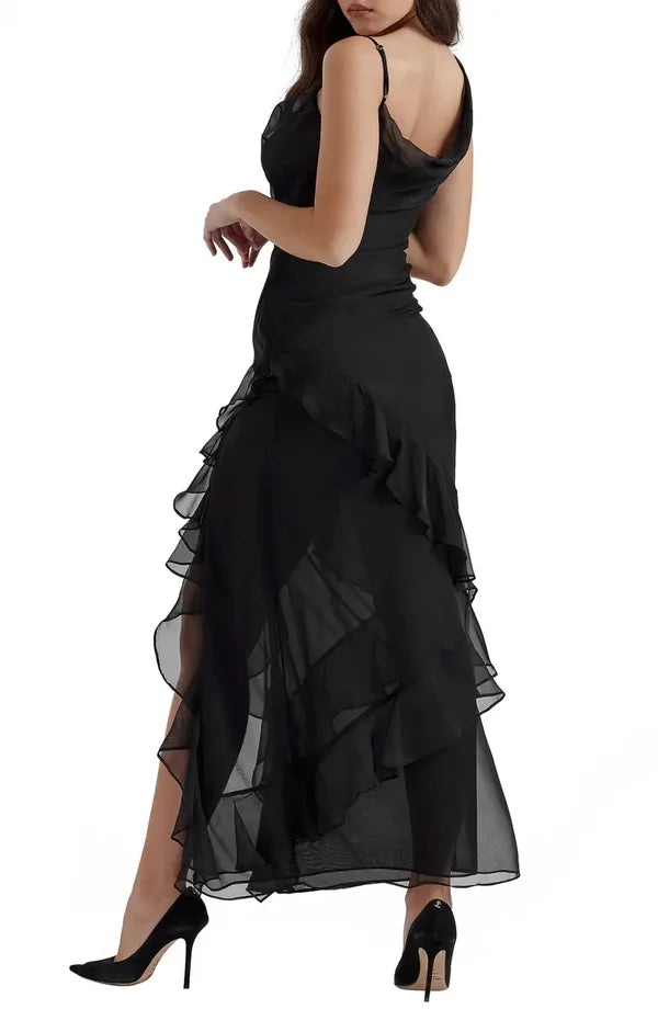 Elegant asymmetrical shoulder strap high neck chiffon chiffon sheer ruffled evening dress Sexy