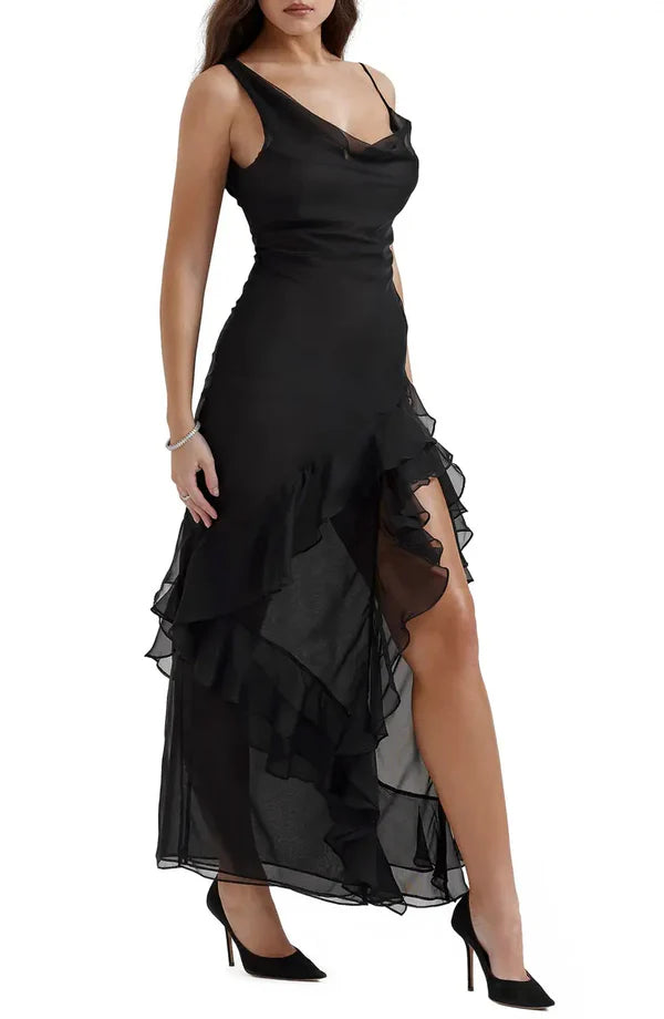 Elegant asymmetrical shoulder strap high neck chiffon chiffon sheer ruffled evening dress Sexy