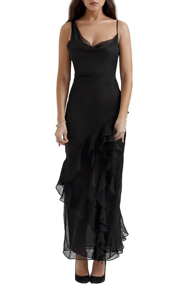 Elegant asymmetrical shoulder strap high neck chiffon chiffon sheer ruffled evening dress Sexy