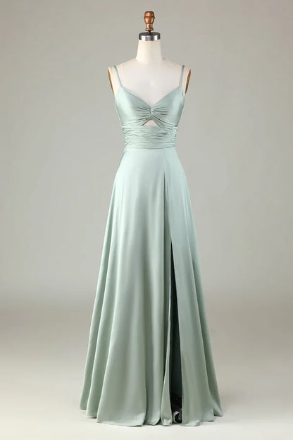 Keyhole thin shoulder strap matcha slit bridesmaid dress Solid Color