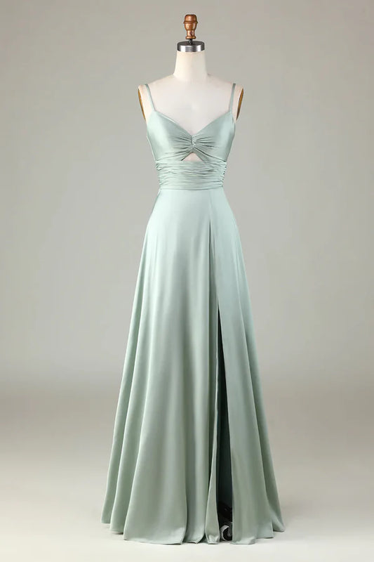 Keyhole thin shoulder strap matcha slit bridesmaid dress Solid Color