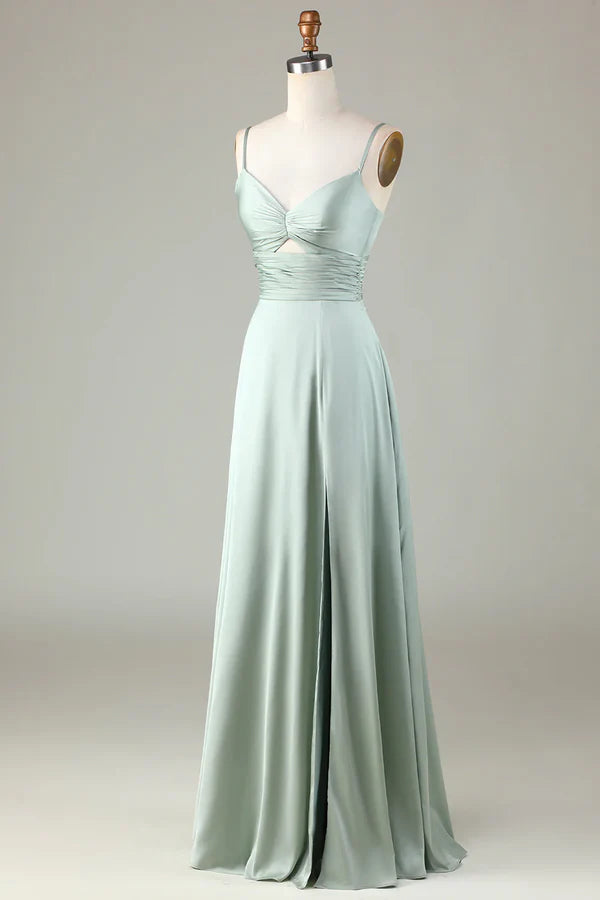 Keyhole thin shoulder strap matcha slit bridesmaid dress Solid Color