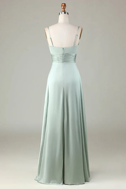 Keyhole thin shoulder strap matcha slit bridesmaid dress Solid Color