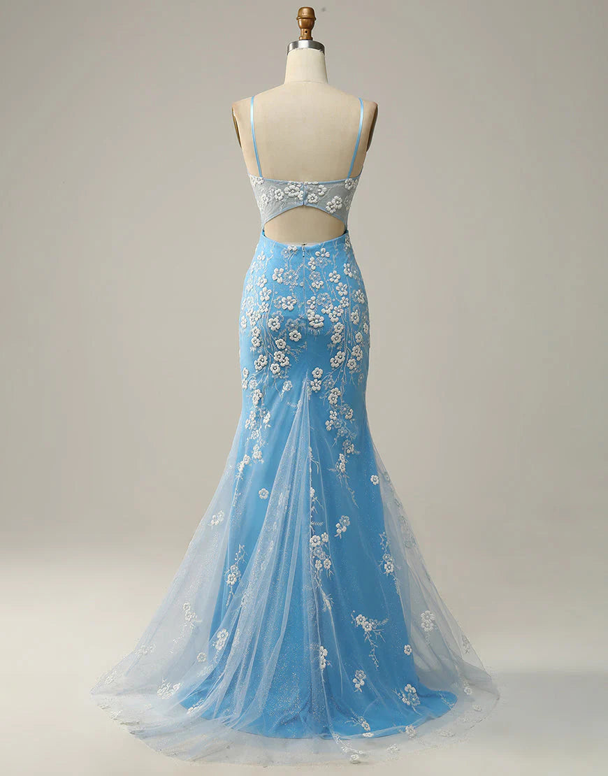 A Line Mermaid Spaghetti Straps Blue Long Prom Dress with Appliques