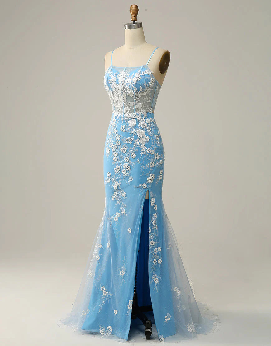 A Line Mermaid Spaghetti Straps Blue Long Prom Dress with Appliques
