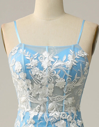 A Line Mermaid Spaghetti Straps Blue Long Prom Dress with Appliques
