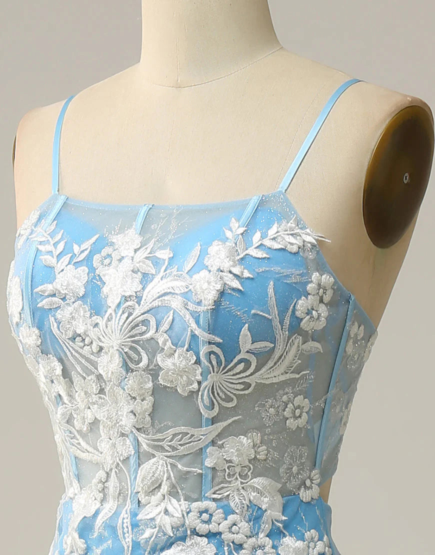 A Line Mermaid Spaghetti Straps Blue Long Prom Dress with Appliques