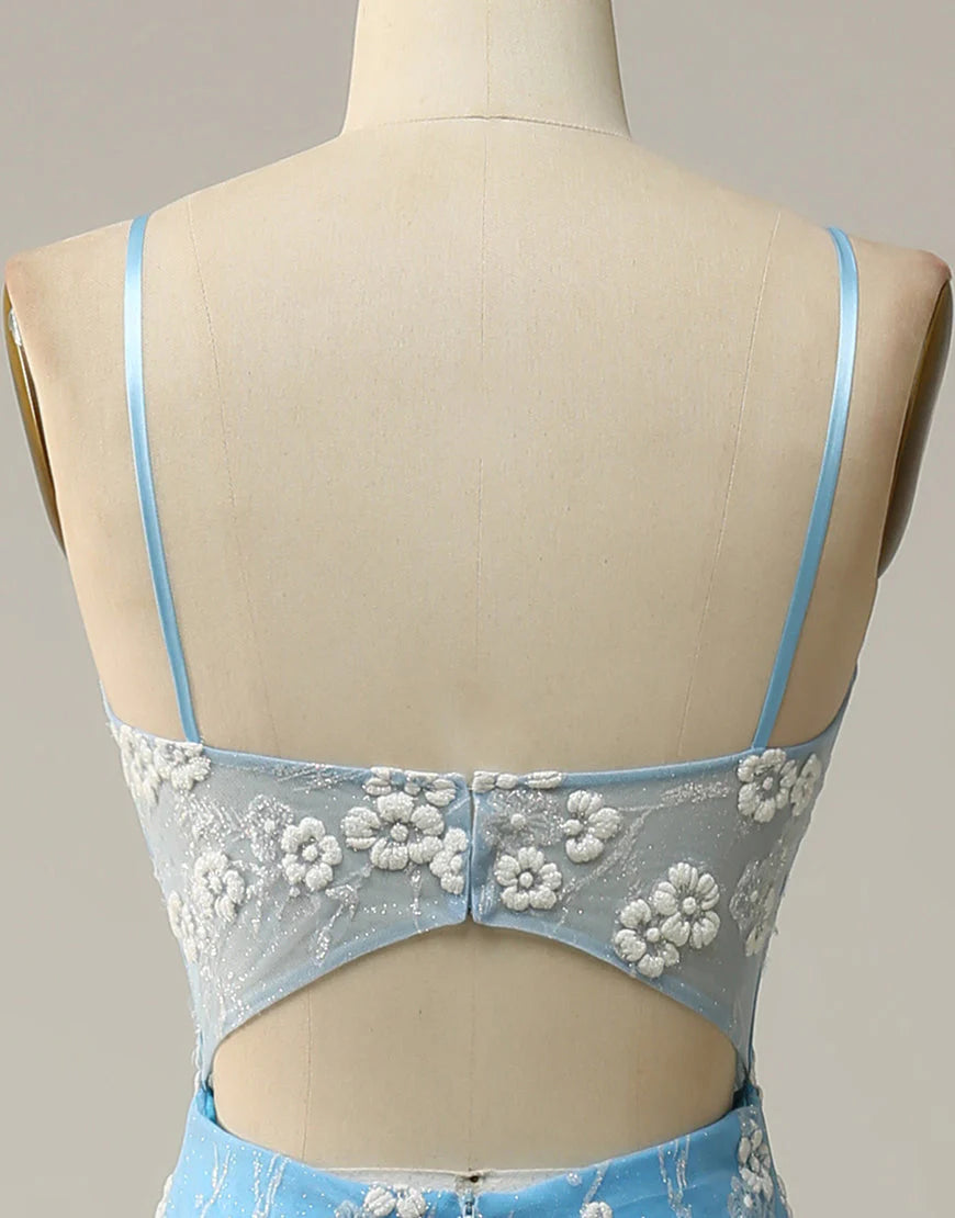 A Line Mermaid Spaghetti Straps Blue Long Prom Dress with Appliques