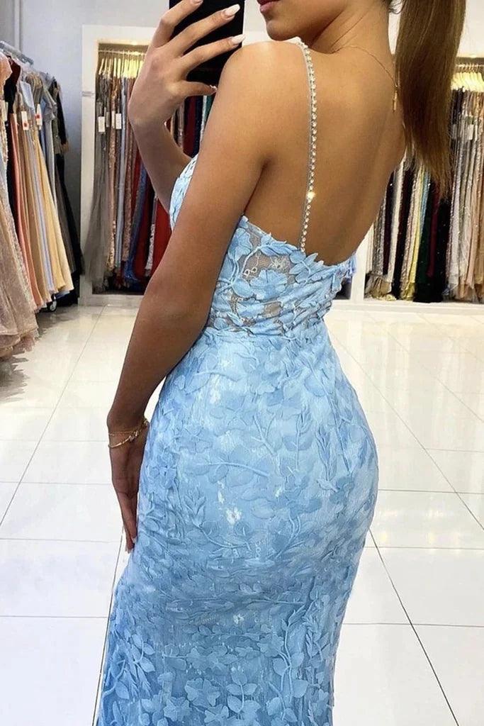 Trumpet/Mermaid V Neck Appliques Sleeveless Lace Party Dresses Formal Dresses