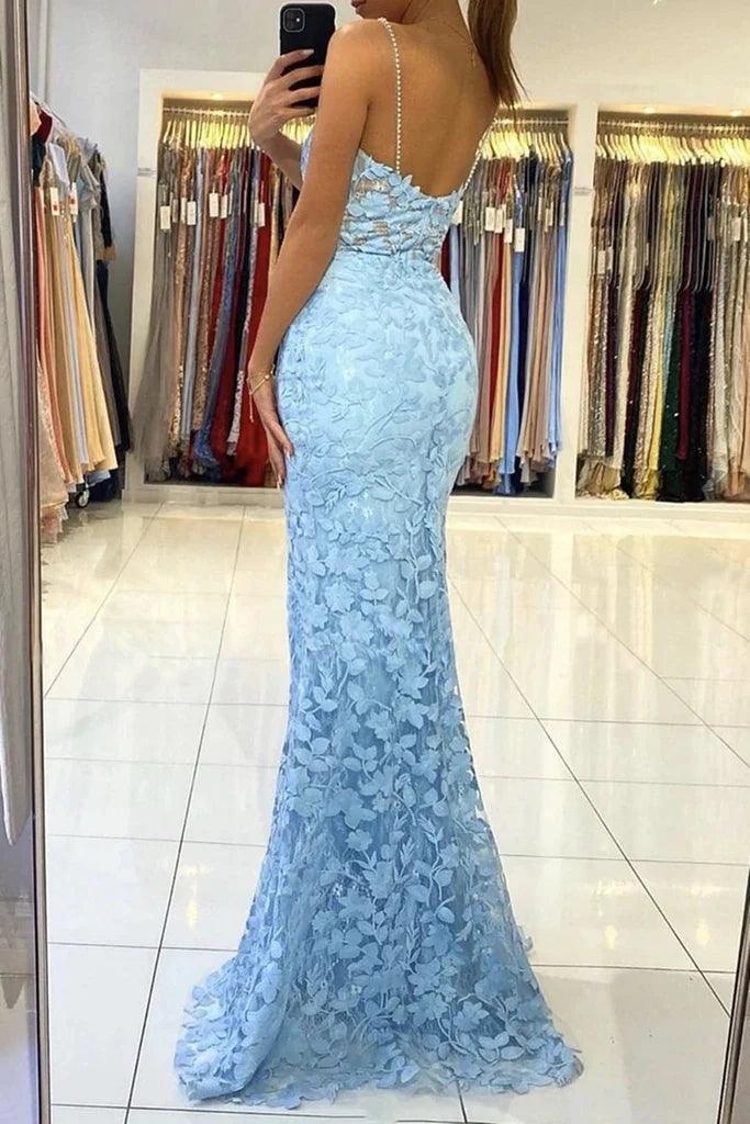 Trumpet/Mermaid V Neck Appliques Sleeveless Lace Party Dresses Formal Dresses
