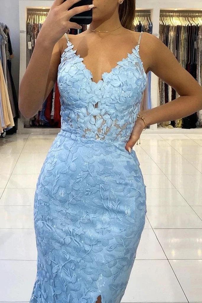 Trumpet/Mermaid V Neck Appliques Sleeveless Lace Party Dresses Formal Dresses