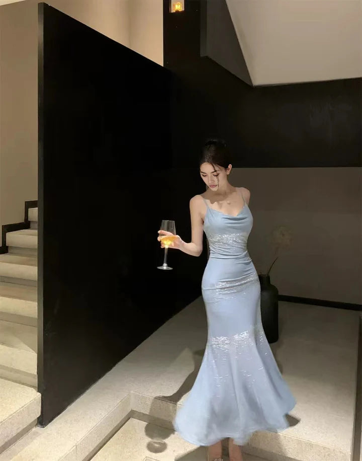 Charming Mermaid Spaghetti Straps Sleeveless Prom Dress Elegant Evening Party Dress Shiny Vacation Dress