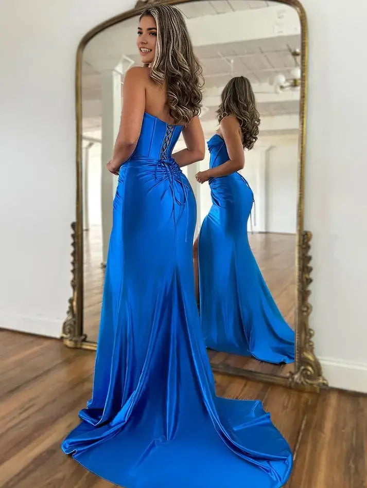 Mermaid Strapless Sleeveless Satin Long Prom Dress With Slit Elegant Blue Evening Party Dress