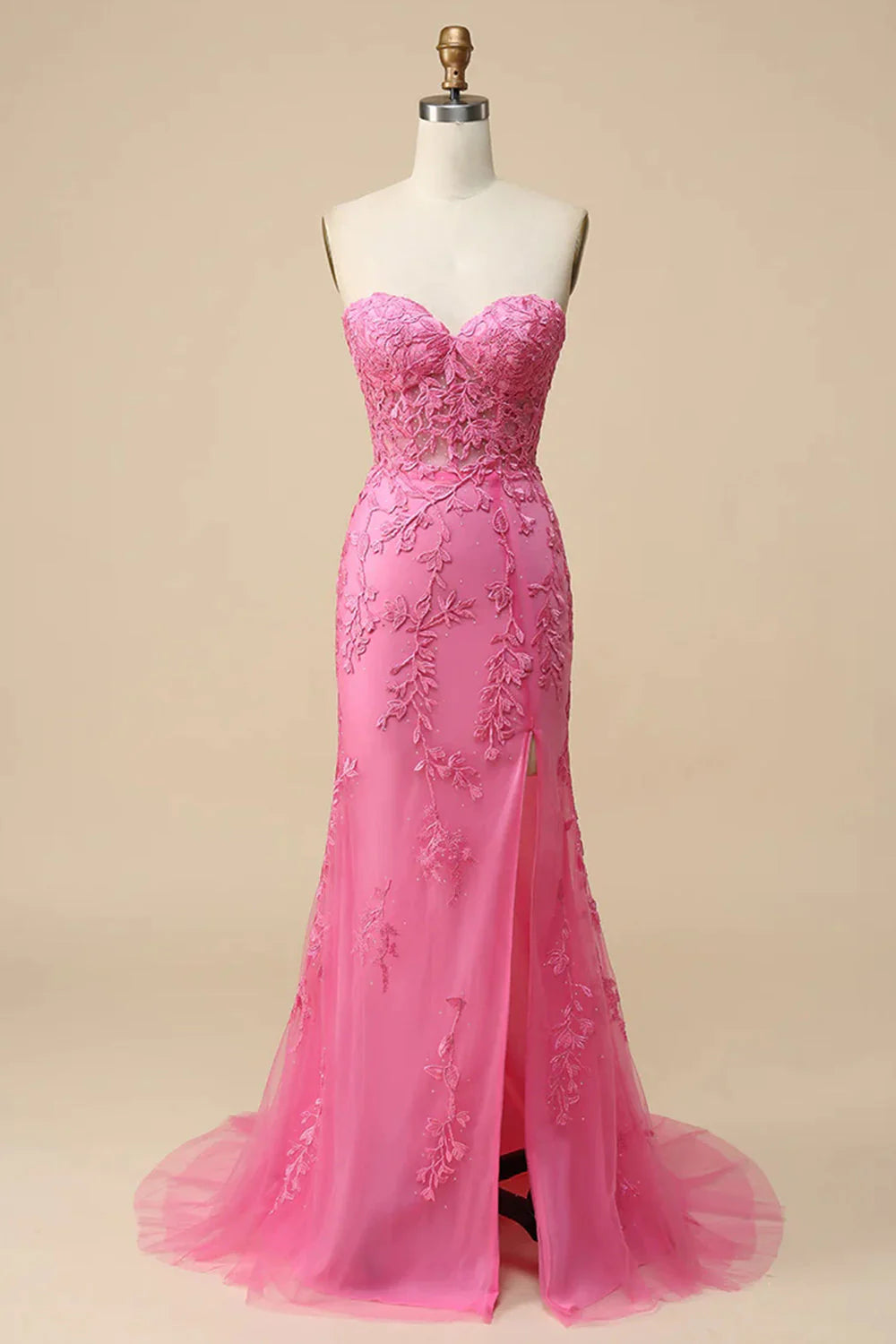 Mermaid Sweetheart Strapless Lace Appliques Long Prom Dress with Slit Charming Evening Party Dress