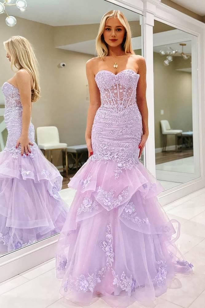 Mermaid Sweetheart Strapless Ruffle Tiered Long Prom Dress With Applique Sweep/Brush Train Charming Evening Party Dress