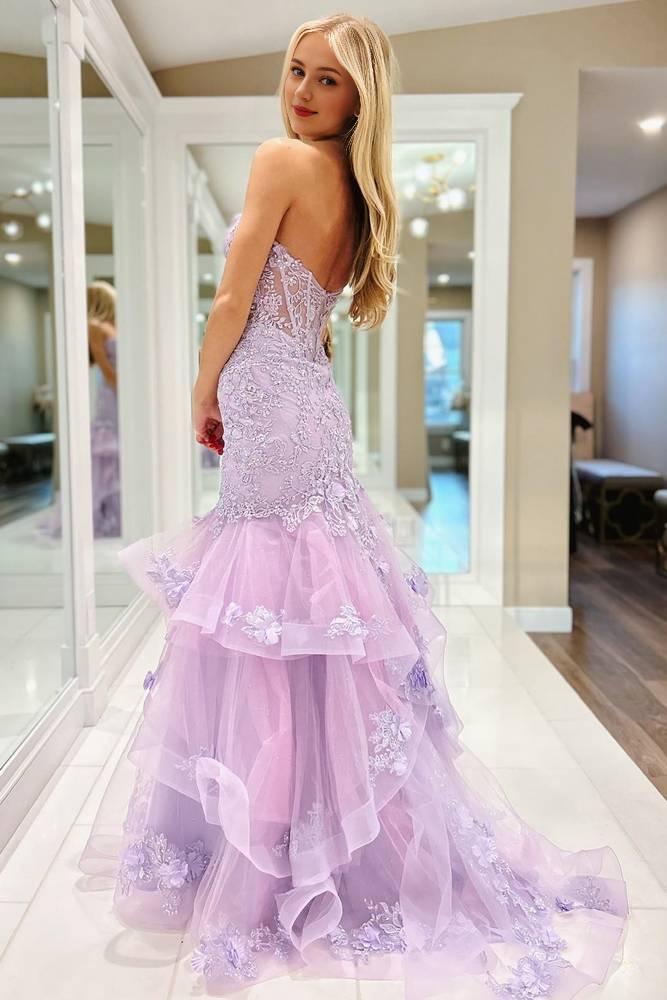 Mermaid Sweetheart Strapless Ruffle Tiered Long Prom Dress With Applique Sweep/Brush Train Charming Evening Party Dress