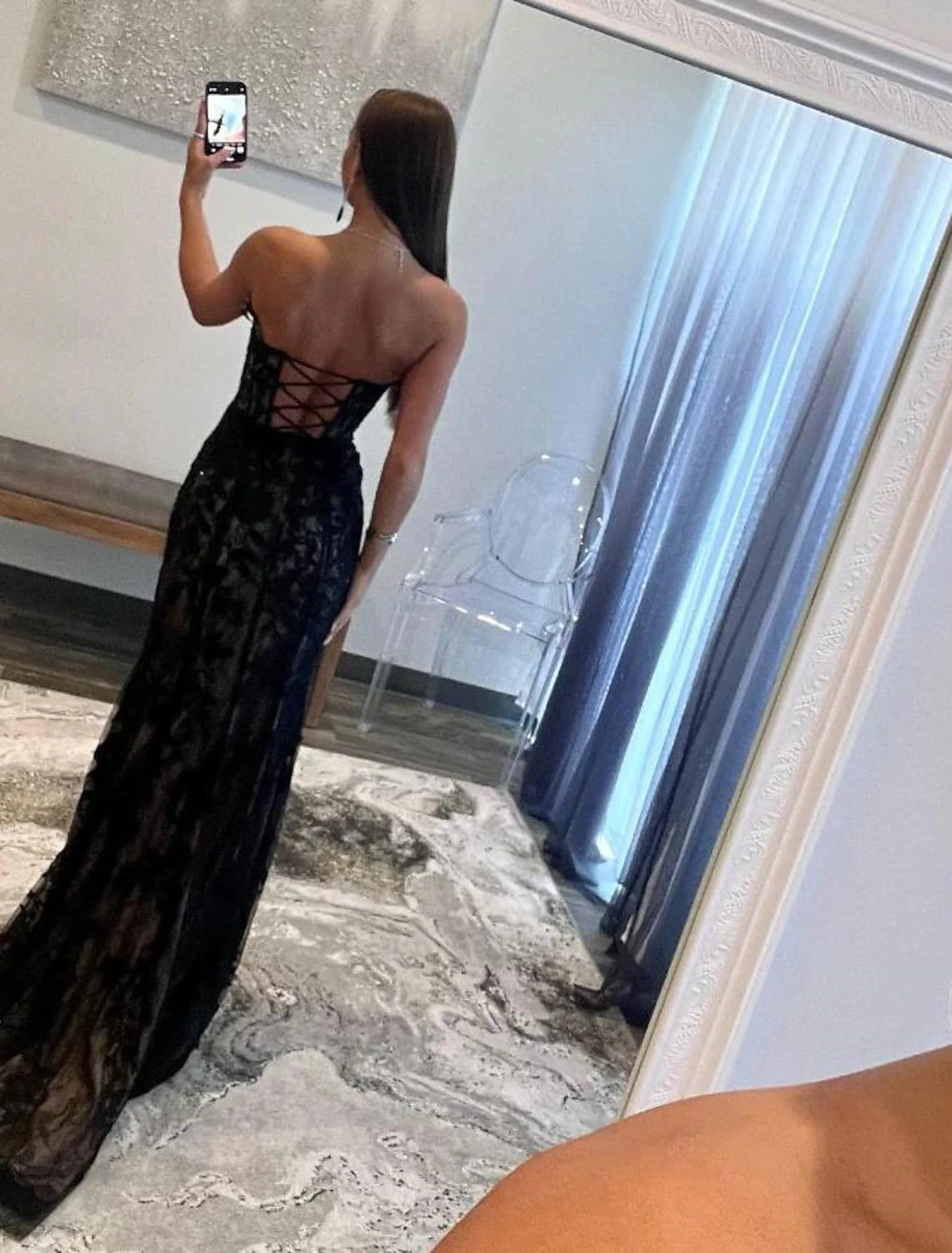 Mermaid/Trumpet Sweetheart Strapless Sleeveless Open Back Long Prom Dress Sweep/Brush Train Lace Evening Gown with Slit Appliques