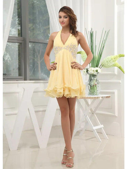 A-Line Elegant Party Wear Wedding Guest Cocktail Party Dress Halter Neck Sleeveless Short Mini Chiffon with Beading