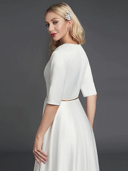 A-Line Minimalist Elegant Homecoming Cocktail Party Dress V Neck Half Sleeve Tea Length Satin with Ribbon Pleats